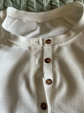 Cream Waffle Knit Henley Top with Brown Buttons